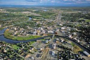 Aerial view of the Downtown Fairbanks, Chena river, Tanana river and Tanana Valley to the south, Alaska range on horizon, Alaska, Fairbanks.